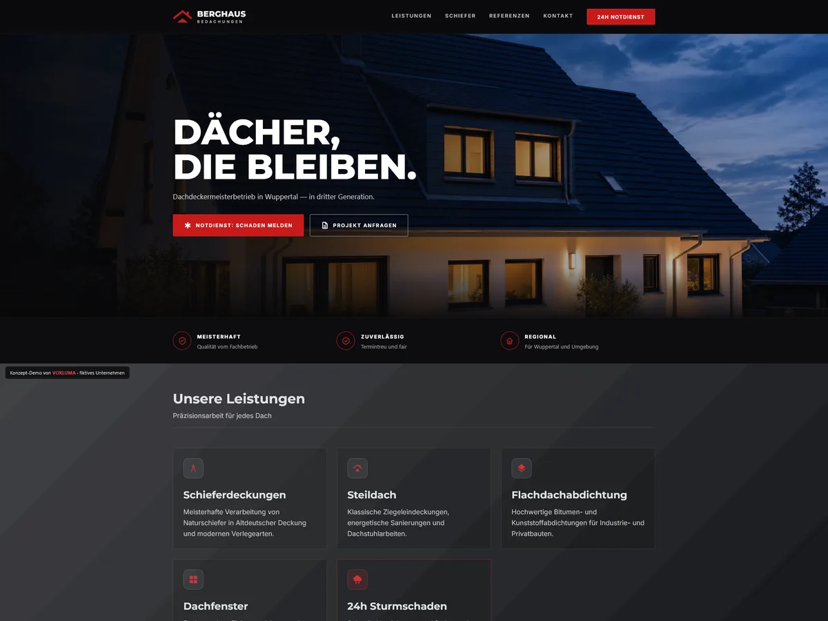 Berghaus Bedachungen — Webdesign-Demo für Dachdeckermeisterbetrieb